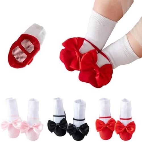 Yeshsore Baby Girls Socks with Grips and Bow, Toddler Non-Slip Cotton Floor Ankle Socks for Infant Toddlers and Kids 3 Pairs