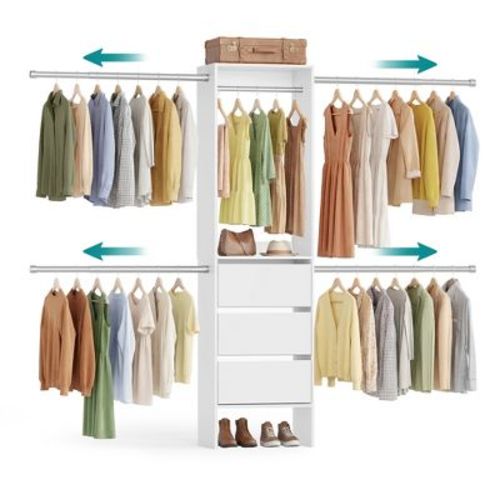 LEDREM Closet System, Customizable Walk In Organizer, Particleboard for Bedroom, Freestanding, 1 System with Adjustable Rods, Closet Organizer, White.
