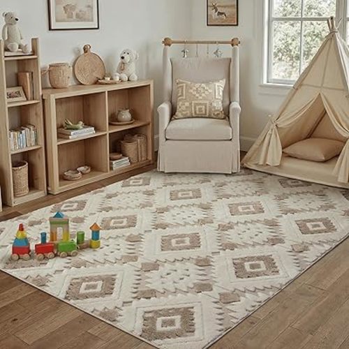 Moroccan 4x6 Area Rug Checkered Shag Washable Ivory Brown Carpet Non Slip Soft Neutral Boho Floor Mat Plush Pile Throw Rug for Entryway Office Kitchen Dining Room Bedroom Living Room