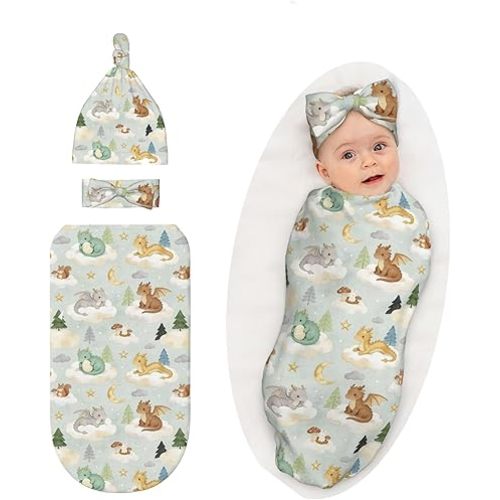 Dragon Print Swaddle Blanket Dragon Theme Baby Stuff Newborn Swaddle with Headband and Beanie Set Outfit Infant Shower Gift for Boys Girls