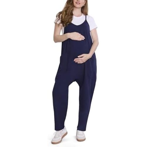 Motherhood Maternity Women's Casual Baggy Sleeveless V-neck Pregnancy Romper Jumpsuit With Loose Spaghetti Straps and Pockets