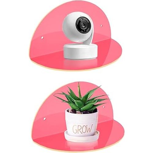 ROYALITA Small Acrylic Shelves Room Decor Floating Shelves (2-Pack, 8-inch Diameter) - Wall Mounted Display Stand for Plants, Toys, Makeup, and More - Ideal for Home and Office, Pink