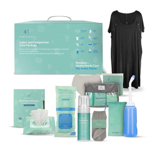 Postpartum Care Kit for Mom (14-Piece) - Includes Labor and Delivery Gown, Peri Bottle, Witch Hazel Foam, Pad Liners & More! with Hospital Essentials for Women After Birth