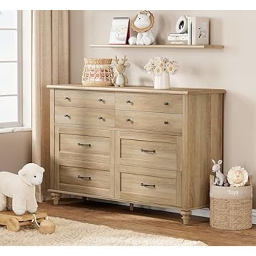 WAMPAT Baby Dresser with 8 Drawers for Kids Room, Farmhouse Kids Dresser Wooden Double Dresser for Bedroom, Wide Dresser Organizer for Children’s Bedroom, Nursery Furniture, 54 Inch, Oak