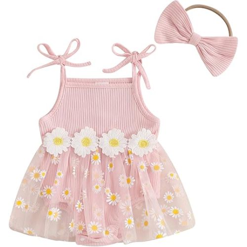 Baby Girl Clothes Daisy Ribbed Bodysuit Sleeveless Romper Dress Summer Outfit for Girls Newborn 3 6 9 12 18 Months