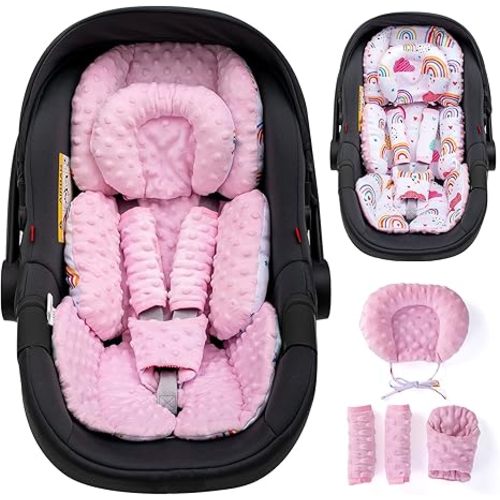 Infant Insert with Extra Headrest & Shoulder Pads, Baby Car Seat Head Neck Body Support, 2-in-1 Reversible Baby Car Seat Cuhsion for Girls Boys, Newborn Carseat Head Support for Stroller, Swing