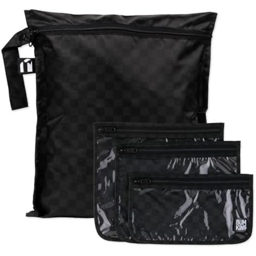 Bumkins and Roamio - Waterproof Wet Bag & Clear Travel Bags - For Beach, Baby, Travel, Swim Suit, Cloth Diapers, Pump Parts, Pool, Gym, Toiletries - Reusable & Easy to Clean - Black Check - 4 Pack