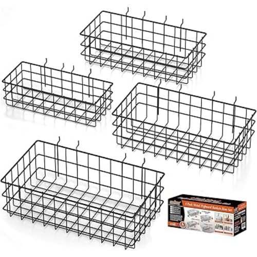 HORUSDY Peg Board Bins and Baskets | 4 Pack | Square Style 4 Size Pegboard Baskets and Pegboard Bins for Organize Workbenches, Accessories