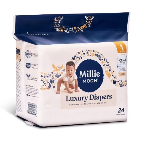 Millie Moon Luxury Disposable Diapers Size 4 - 24ct: 22 to 33 Lbs, Wood Fluff Pulp, Hypoallergenic, Latex-Free