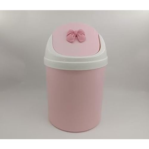 Mini Pink Desktop Trash Can with Swing Lid, Resin Bow Accent – 3.5L(0.92 Gal) Compact Odor Control Small Waste Bin, Durable Plastic Tabletop Garbage Pail