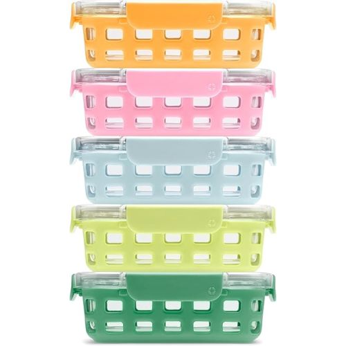 Ello Duraglass 3.4 Cup Meal Prep Sets 10Pc, 5 Pack Set- Glass Food Storage Container with Silicone Sleeve and Airtight BPA-Free Plastic Lids, Dishwasher, Microwave, and Freezer Safe, Meadow