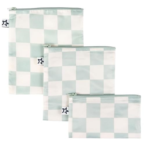 Tiny Twinkle Reusable Snack Bags for Kids – 3 Pack Snack Pouches & Sandwich Bag for Toddlers – Machine Washable, Mess-Proof for Lunch & Travel (Sage Checkers)