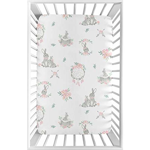 Sweet Jojo Designs Blush Pink and Grey Woodland Boho Dream Catcher Arrow Gray Bunny Floral Baby Girl Baby Nursery Fitted Mini Portable Crib Sheet - Watercolor Rose Flower