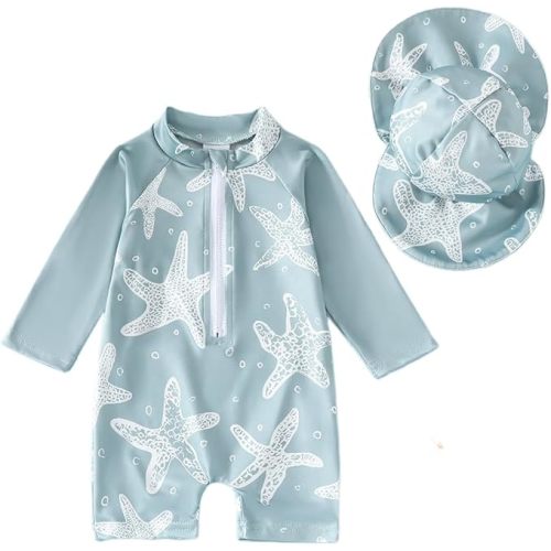 Noubeau Baby Boys' One Piece Swimsuits Toddler Swimwear with Rash Guard Infant Bathing Suit for Boys Swim Sun Hat Set