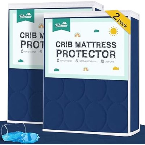 Biloban Navy Blue Crib Mattress Protector 2 Pack, Waterproof, Quilted, Absorbent, Noiseless, Durable Mattress Cover, Perfect Fit for Toddler Bed