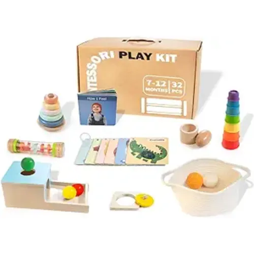 Montessori Toys for Babies 7-12 Months, 9 in 1 Educational Wooden Toys Set, Includes Object Permanent Box, Stacking Cups, Mirror Puzzle, Ring Stacker and More