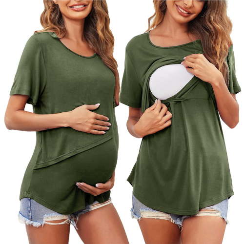 Maternity Shirt Pregnant Womens Nursing Solid Color Round Neck Short Sleeve Round Neck Breastfeeding Blouse
