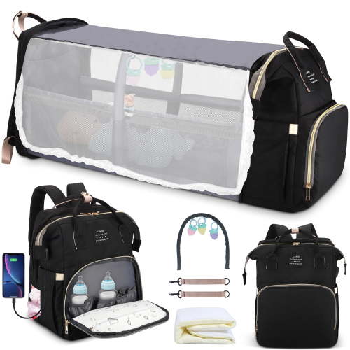 HUKOER Diaper Bag Backpack with Foldable Crib & Insulated Pocket, Black