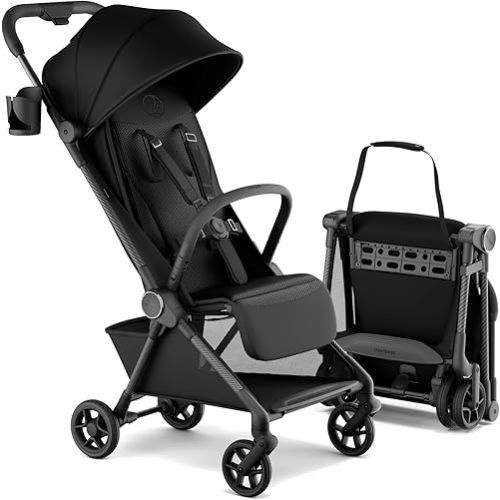 Mompush Nexis Carbon Travel Stroller, Ultra-Lightweight 11.5 lbs, Compact & Airplane Carry-On Approved, One-Second Auto-Fold, One-Hand Full Recline, from Birth to 50 lbs, JPMA Certified, Black