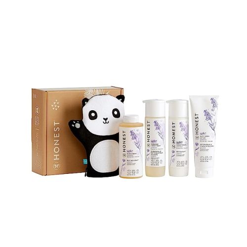 The Honest Company Lavender Bathtime Essentials Bundle | Shampoo + Body Wash, Conditioner, Face + Body Lotion, Bubble Bath, Panda Bath Mitt | Naturally Derived, Tear-free, Hypoallergenic - Lavender Calm