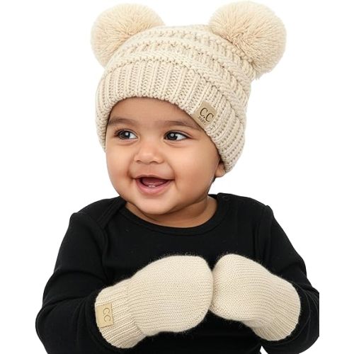 Funky Junque Infant Double Pom Beanie and Mittens Set - Beige