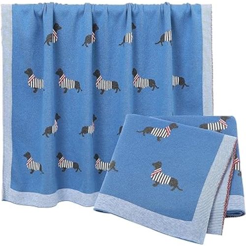 Opewod Baby Blanket Knitted 100% Cotton Soft Blankets for Newborn Boy Girls Cute Dog Dachshund 30x40 inches Jean Blue