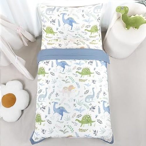 Pea Pod Muslin Toddler Bedding Set 3-Piece - Soft Breathable Crib Bedding with Fitted Sheet, Quilt & Pillowcase for Infant & Kids Bed | Machine Washable Nursery Bed Set (Dinosaur)