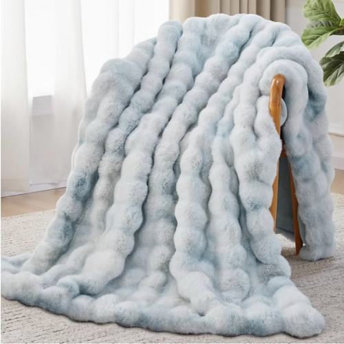Anysay Faux Fur Throw Blanket, 1000GSM Fluffy Soft Bubble Blanket for Couch Bed, Cozy Plush Warm and Thick Blanket, Fuzzy Rabbit Throw for Living Room Bedroom 80''*90'' Tie-dye Blue