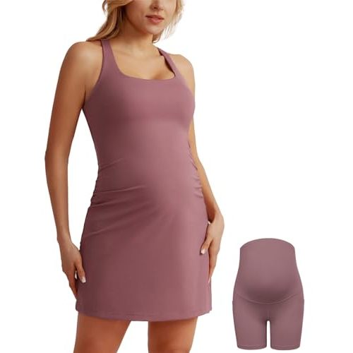 Maacie Maternity Tennis Dress with Shorts and Built in Bra Scoop Neck Sleeveless A-line Workout Golf Dress with Pockets
