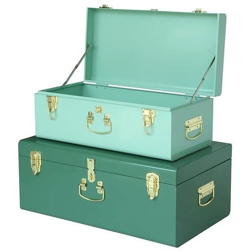 Vixdonos Decorative Large Metal Box Storage Trunk Chest Set of 2 College Dorm Organizer with Hardware Hasps and Handle for Home Deocr,23.7X14.2X9.5 Inches