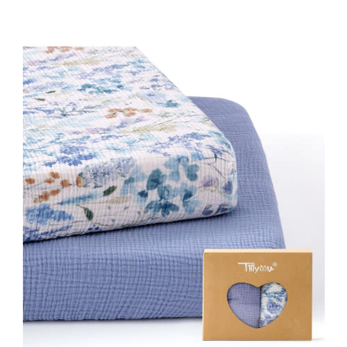 TILLYOU 2 Sheets Fitted for Pack N Play, 38'' x 26'' Sheet Blue Flower