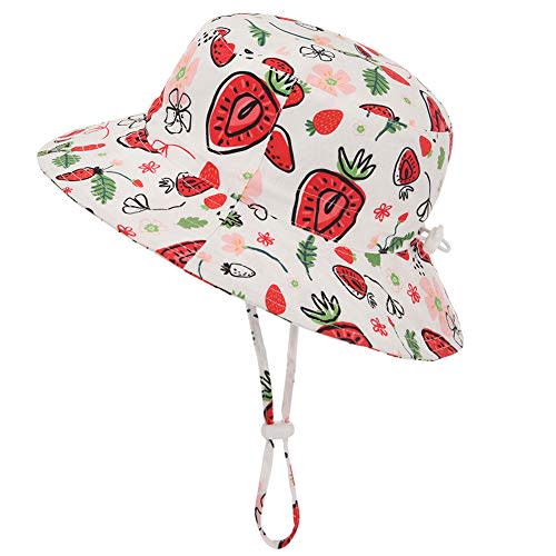 Baby Sun Hat Adjustable - Outdoor Toddler Swim Beach Pool Hat Kids UPF 50+ Wide Brim Chin Strap Summer Play Hat (18.9"(48cm)/6-12 Months, Strawberry)