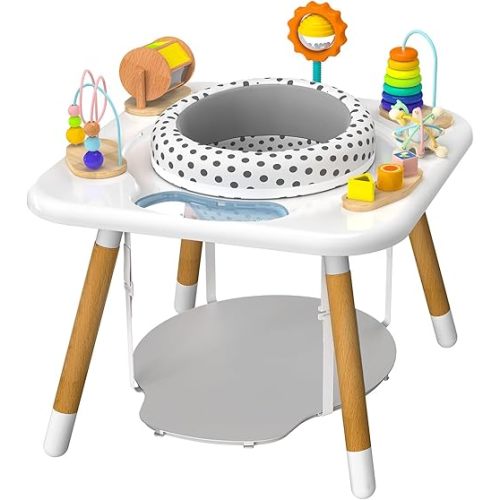 Kizfarm Baby Activity Center, Montessori-Inspired Bouncer with 7 Interactive Toys, 360° Rotating Seat, Wooden Jumper, Play Gym & Toddler Table,Toy for Infant Baby Toddler