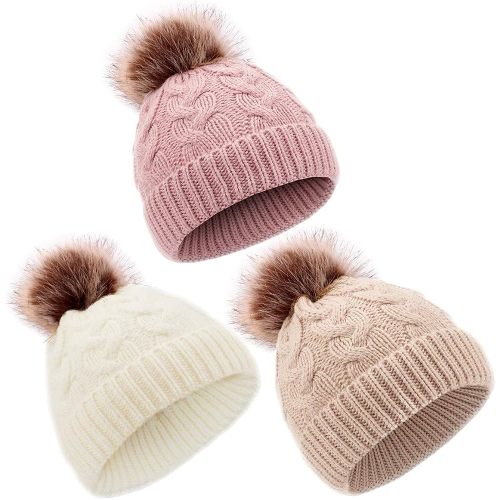 DANMY Baby Beanie Hat, Infant Newborn Toddler Winter Warm Knit Cap for Little Boys Girls, Winter Warm Hat (6-36 Months, white/beige/pink-3PCS)