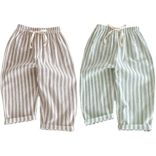 Ashmyova Classic Casual Pants for Boys Thin Cotton Stripe Elastics Waist Spring Summer Trousers Toddler Long Pants 2Pcs Coffee/Green Size 12-18 Months