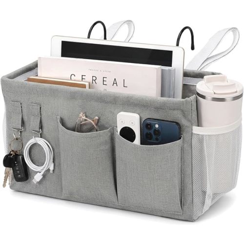 1pc Bedside Caddy Organizer with Hooks, No-Sagging Canvas Hanging Bed Pocket with Water Bottle Holder, Bedside Storage for Dorm Room Essentials, Bunk Bed Accessories, Hospital Bed Rails & Crib (gray)