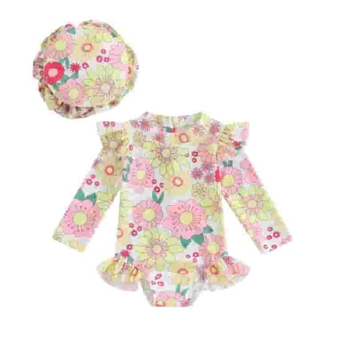 Infant Baby Girls Floral Swimsuit One Piece Long Sleeve Ruffle Rash Guard with Hat Bathing Suit Beachwear Zipper Back