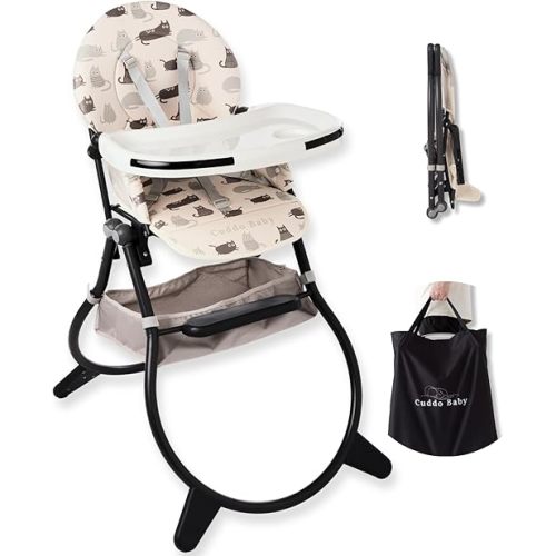 CuddoBaby Purrfect High Chair for Babies & Toddlers, Foldable Highchair with Weld-in-One Stable Base, 5-Point Harness, Large Adjustable Tray, Storage Bag, Waterproof PU Leather, Unisex - Friends