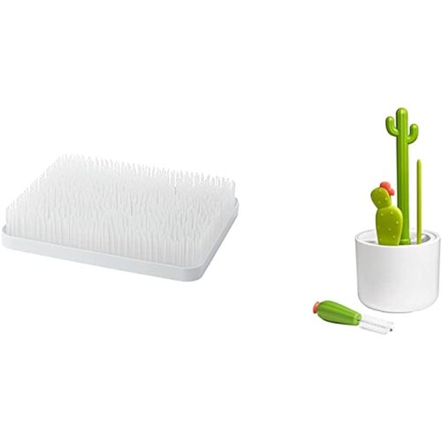 Boon Lawn Countertop Drying Rack ,White , 13.5x11x2.5 Inch (Pack of 1) & Cacti Bottle Cleaning Brush Set - Drying Rack + Brush Set