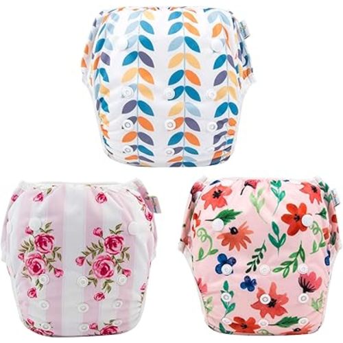 Babygoal Baby Girl Swim Diapers 3 Pack for 0-8 Months Infant, Reusable Adjustable Washable for Swimming Lessons-Leaves,Flowers