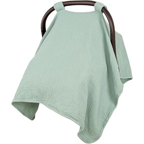 Summer Muslin Infant Car Seat Cover, Breathable Carseat Cover for Baby Girls, Multi-Purpose Breastfeeding Covers for Nursing, Green