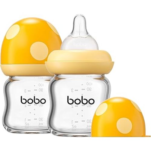 YOHKOH Natural Glass Baby Bottle with Level 1 Slow Flow Nipple, Newborn Anti-Colic Baby Bottles, Wide Neck Mushroom Baby Glass Bottle (Yellow, 3.4oz (Pack of 2))