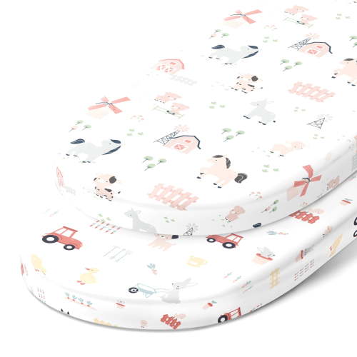 Joey and Joan Bassinet Fitted Sheet for Delta Children, Farm Animals, 2 Count