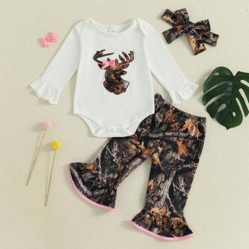 Infant Baby Girl Fall Clothes Deer Long Sleeve Romper Flare Pants Headband Hunting Outfit 3PCS Set | SHEIN USA