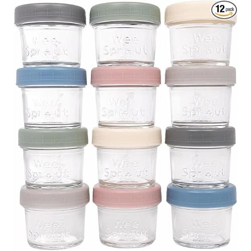 WeeSprout Glass Baby Food Storage Jars w/Lids (4 oz, 12 Pack Set) Snack, Puree, Reusable Small Containers, Breast Milk, Fridge or Freezer, Microwave & Dishwasher Safe, Essential Must Have for Infants