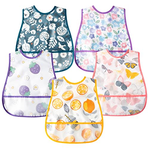 R HORSE 5Pcs Baby Bibs Set Toddler Bibs with Crumb Catcher Pocket & Snap Button Waterproof Baby Feeding Bibs for 6-24 Months