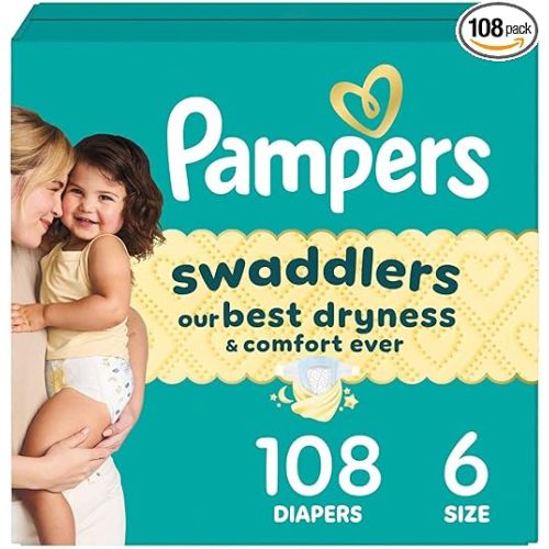 Pampers Swaddlers Diapers, Size 6 (23-44 lbs), 108 Count, Absorbent, Keeps Baby Dry and Comfortable, Skin Safe Disposable Baby Diaper (Packaging May Vary)
