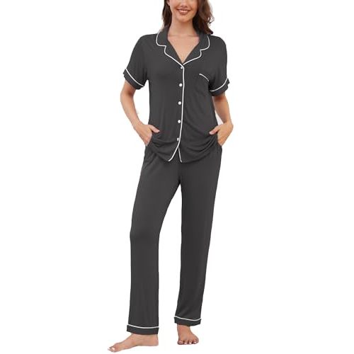 Womens Pajama Set Soft Pjs Short Sleeve Sleepwear with Long Pants 2 Piece Lounge Sets S-XXL