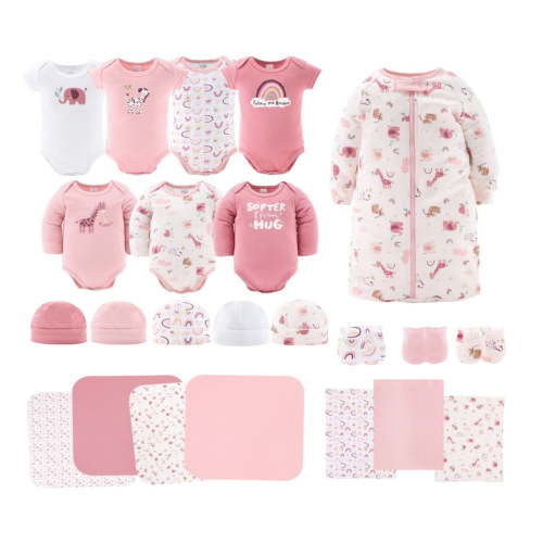 Free Shipping! The Peanutshell Newborn Layette Gift Set for Baby Girls or Boys, 23 Pieces, Pink Rainbow Safari Animals, 0-3 Months