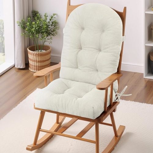 Rocking Chair Cushion - Plaid Corduroy Fabric, High-Density Sponge, Durable Comfort Non-Slip Bottom Tufted Seat Pads with Ties, Plaid Corduroy︱White, 44x19x4 inch